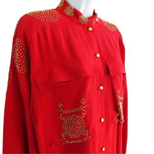 SiLK Erez Festive Red Blouse Gold Beads Buttons Large Flap Chest Pockets 12